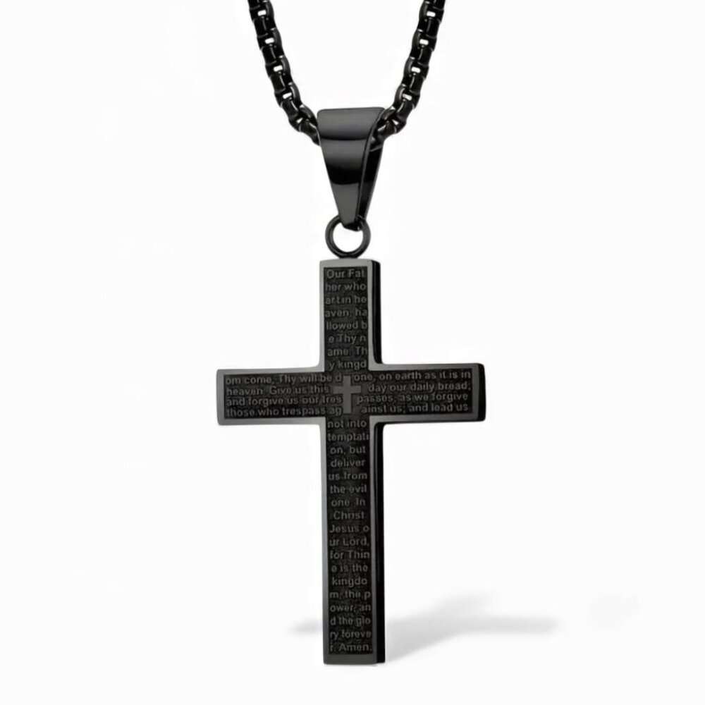NEW - Titanium Stainless Steel carved cross pendant necklace 24IN - BLACK